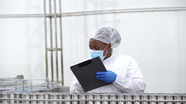 Factory quality assurance worker inspecting canned fish production inside seafood processing plant. Food manufacturing, hygiene standards, production monitoring, quality inspection.