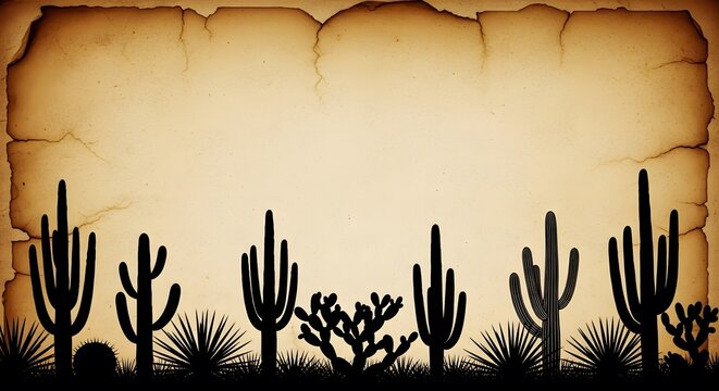 Vintage parchment background with desert cactus silhouettes.