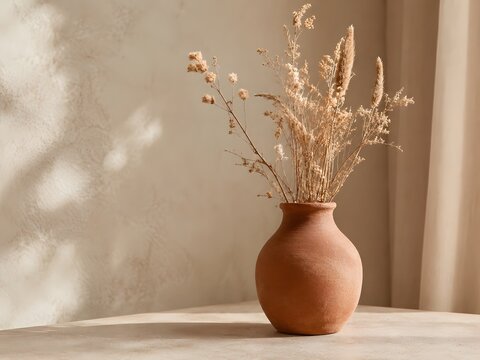 Clay vase with dry summer stems in warm light