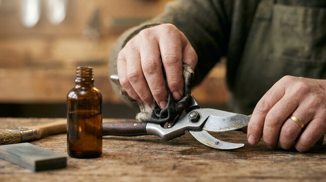 Man sharpening pruning shears with oil bottle. Gardener maintaining metal secateurs for winter garden preparation.