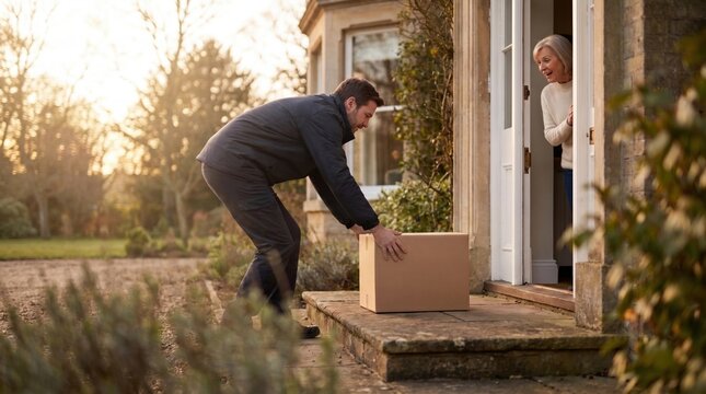 Delivery service and helpfulness concept, a courier delivering a package to an elderly woman's doorstep, creating a friendly customer experience.