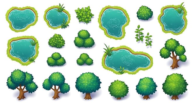 Set of cartoon trees bushes and ponds for game map design
