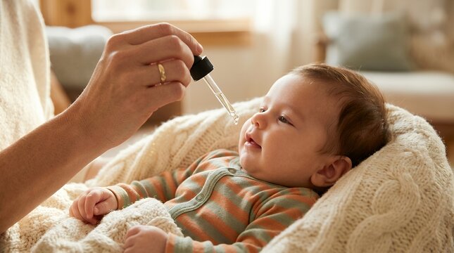 Mother giving vitamin D drops to baby. Parent administering liquid supplement to infant for health and immunity support.