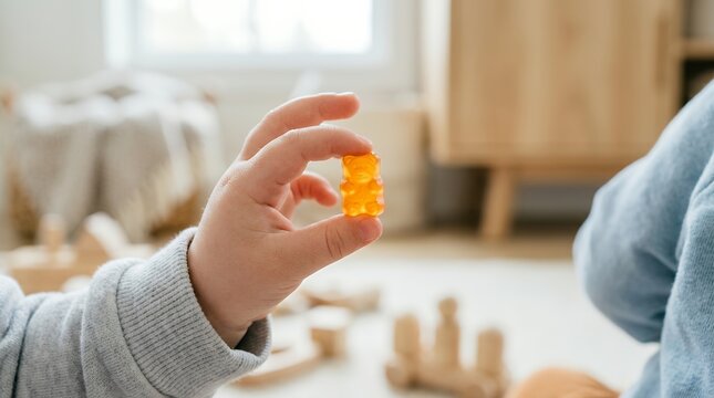 Toddler holding vitamin D gummy supplement. Child taking orange chewable bear-shaped health booster for nutrition.
