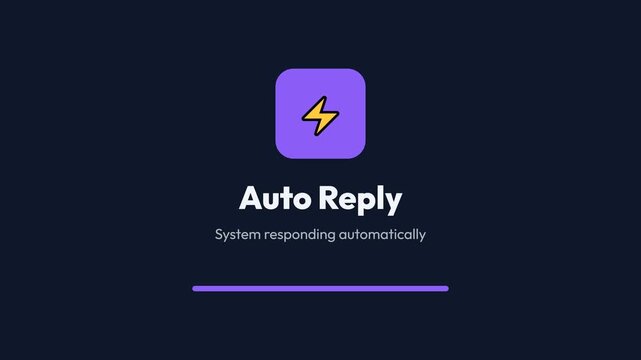 Auto Reply system, purple icon with yellow lightning bolt, digital interface, seamless loop, symbolizing automation for efficient communication.