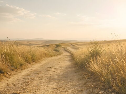 Empty countryside path in soft summer heat haze