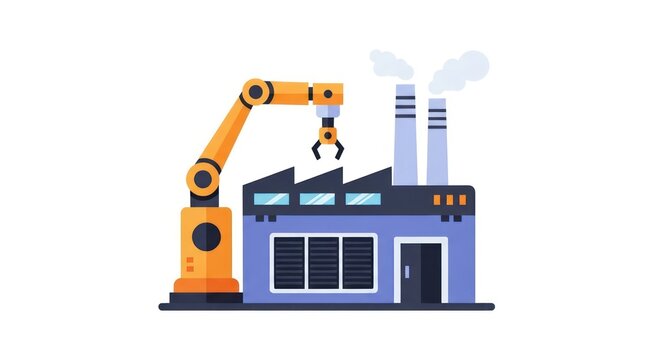 Large industrial robot arm operating beside a factory building