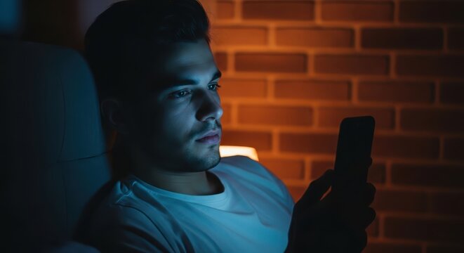 Young Man Using Smartphone at Night in Dark Room with Blue Screen Light Reflection on Face