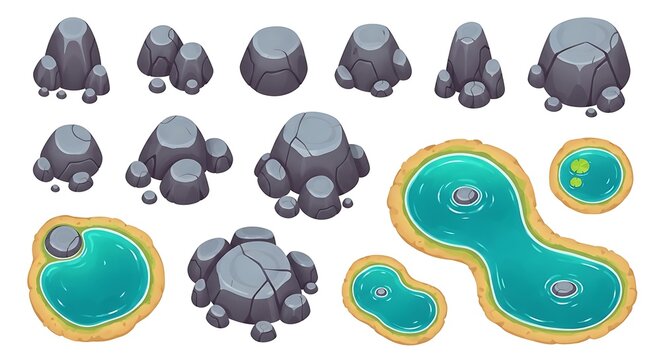 Set of cartoon grey rocks and small blue ponds for game design