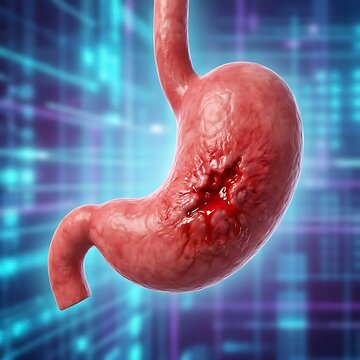 a stomach with a severe gastric hemorrhage (bleeding). The stomach wall itself shows signs of irritation and inflammation around the bleeding site.	
