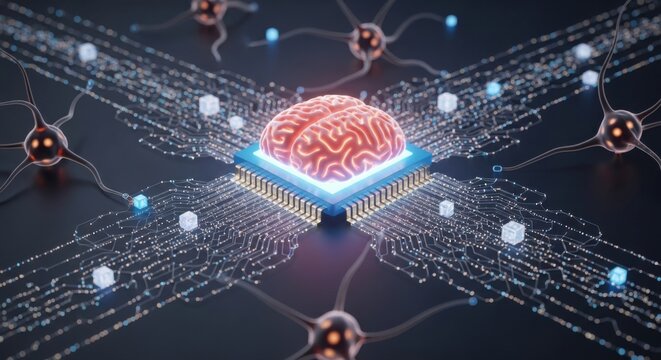 A digital human brain model sitting on a computer processor chip connected to set. containing and more. solid collection