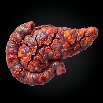 A human pancreas filled with inflammation and cracks, symbolizing pancreatitis or pancreatic damage.	
