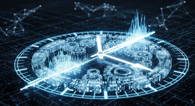 A glowing digital clock face with rotating mechanical gears and light trails on a set. containing and more. solid collection