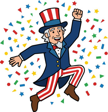 Cheerful Uncle Sam Cartoon Jumping with Festive Confetti for Usa Holiday