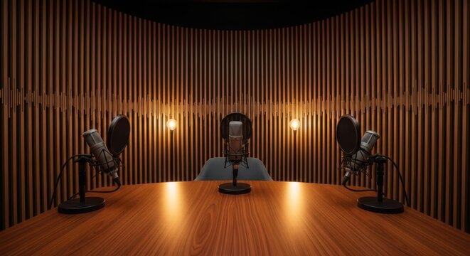 A podcast studio setup with three microphones on a wooden table in front of a set. containing and more. solid collection