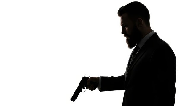 Mysterious Man in Suit Holding a Pistol Silhouette Isolated on White Background for Crime Concept