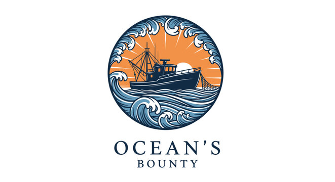 Vintage nautical logo design with ship and ocean waves.
