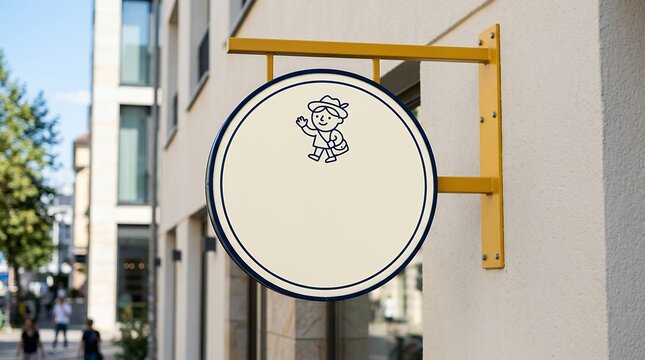 Minimalist round shop sign mockup, blank circular store signage on yellow metal bracket, outdoor wall mounted boutique display template