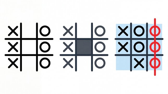 Three distinct styles of tic tac toe board game illustrations presented on transparent background