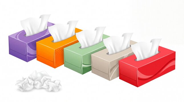 Multiple colorful tissue paper boxes with soft white sheets displayed in a row on transparent background