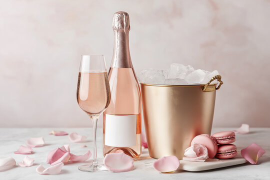 A bottle of ros&eacute; champagne, a gold ice bucket, a glass, and rose petals against a light background. Concept of a romantic celebration, Valentine's Day, or an elegant event.
