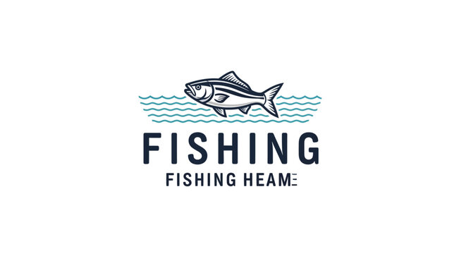Vintage style fishing logo with fish and wave design.