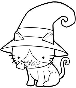 Adorable halloween cat wearing big witch hat holding fish bone coloring book page