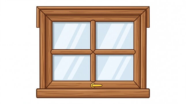 Classic rustic wooden window frame with glass panes and gold handle isolated on transparent background
