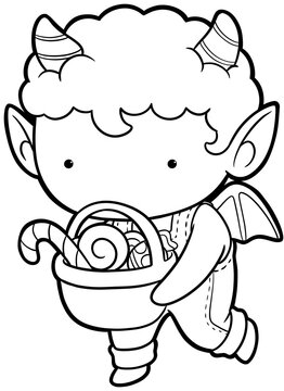 Adorable little devil boy carrying candy basket coloring page, halloween outline