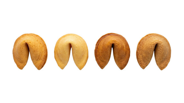 Row of four baked fortune cookies isolated on transparent background