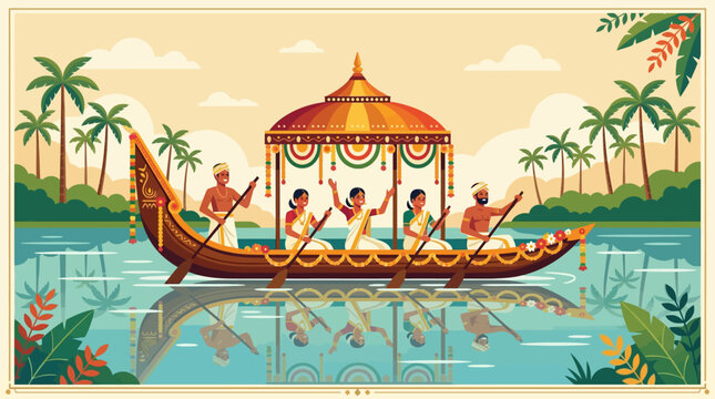 Traditional Kerala Boat Race Scene: Oarsmen and Women on a Festive Snake Boat