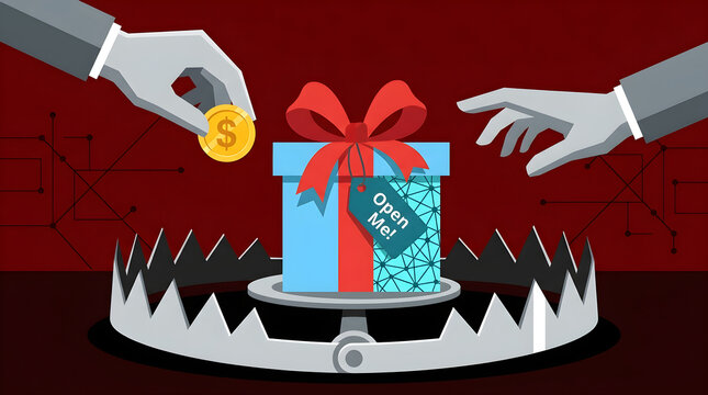 Business hands attempt to grab a decorated gift box sitting inside a dangerous steel animal trap on a dark red background.