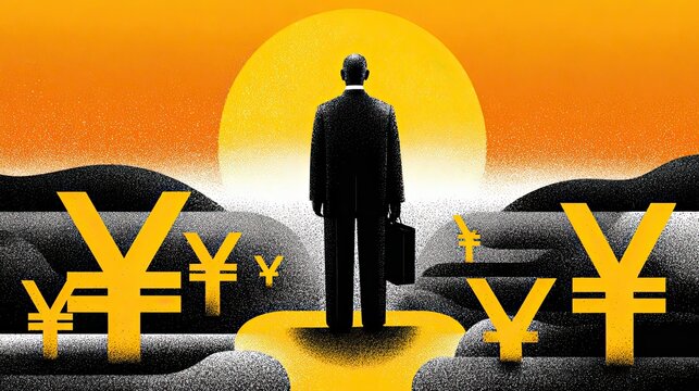 Vintage textured illustration of businessman with briefcase back view, warm sunset halo surrounded by yuan currency symbols finance investment wealth concept design