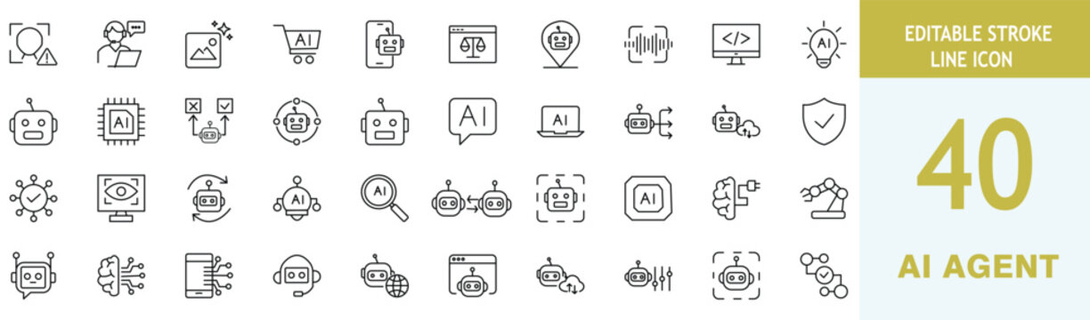 Set of 40 ai agent line icons, artificial intelligence, machine learning, robot assistant, chatbot, neural network, automation, digital technology. Editable stroke, vector illustration