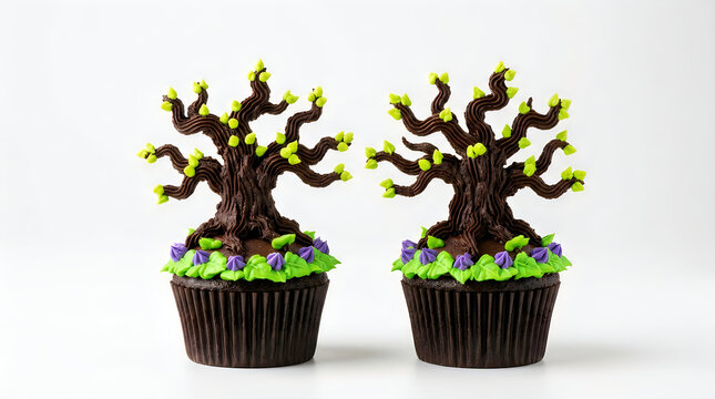 Happy Halloween day Artisanal chocolate cupcakes with buttercream tree toppers, whimsical garden themed desserts, creative pastry art on white background nice jpg