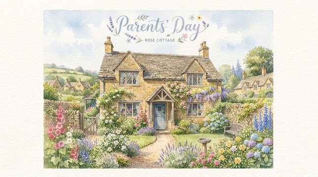 A beautiful watercolor painting illustration of a charming English stone cottage nestled in a vibrant garden, featuring a Parents Day greeting on the sky, capturing a nostalgic, peaceful home scene.