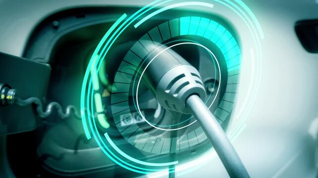 Electric car with dashboard hud display screen power charging. Shows the increasing charge level of the electric vehicle battery. Clean energy technology, Environmental conservation.