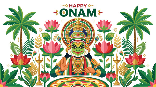 Happy Onam Festival Illustration with King Mahabali, Lotus Flowers, Palm Trees