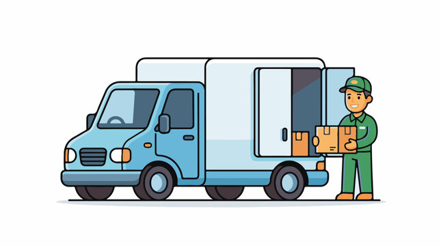 Delivery man loading boxes into a light blue truck with an open back
