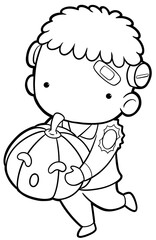 Cute frankenstein boy carrying pumpkin coloring book page, halloween outline