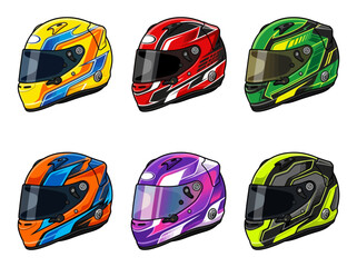 Fototapeta premium A collection of six colorful racing helmets with distinct graphic designs.