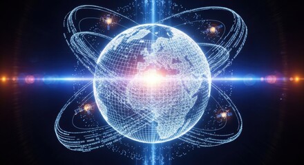 Fototapeta premium Digital globe made of glowing blue light nodes and data lines with orbiting set. containing and more. solid collection