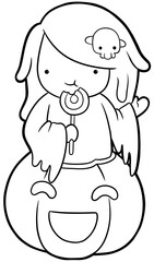 Cute ghost girl on pumpkin eating lollipop coloring page, halloween line art