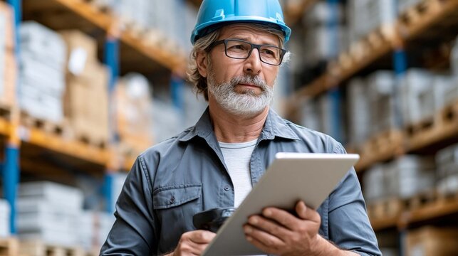 warehouse logistics worker checking inventory of building supplies using barcode scanner, industrial management, realistic commercial photography