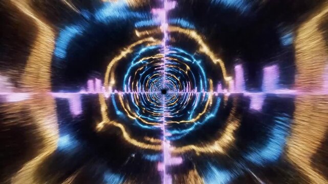 Abstract tunnel of colorful digital light streaks.