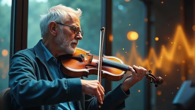 Elderly Man Playing Violin with Passion in a Warm Atmosphere