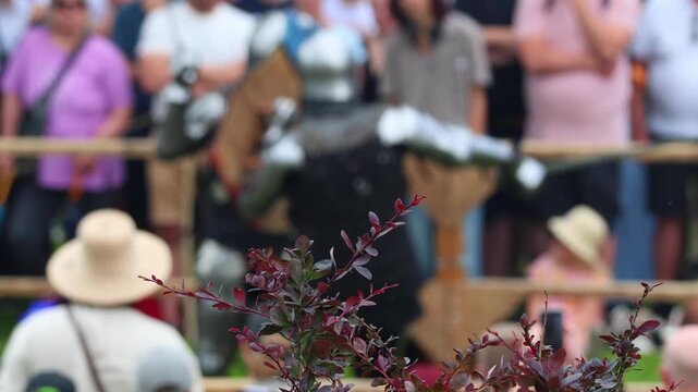 A sword fight between knights during a historical event. Silhouettes of knights.