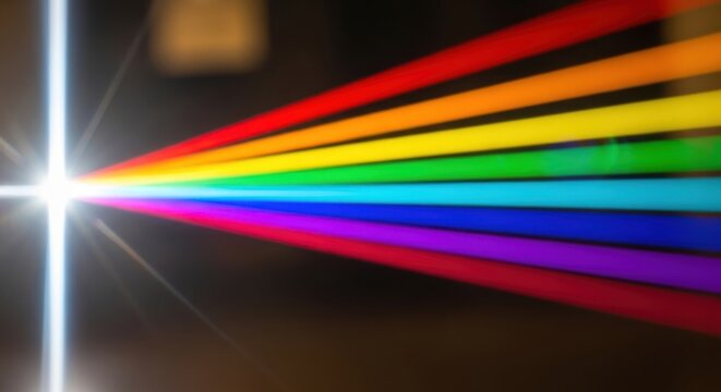 Vibrant rainbow light spectrum beams emerging from a bright white point source set. containing and more. solid collection