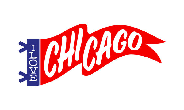 A flat vector graphic of a red pennant flag with white text reading "CHICAGO," featuring a blue vertical header on the left side with the vertically stacked text "I LOVE" and two mounting ties.