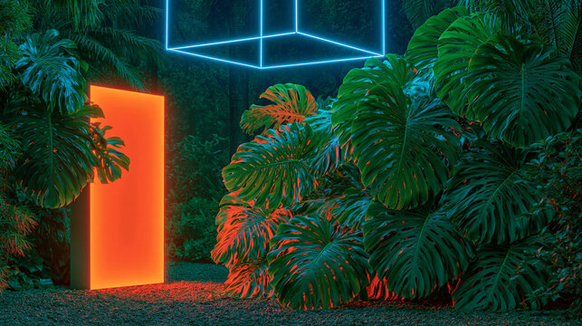 A vibrant night scene of a lush tropical garden featuring large monstera leaves illuminated by a glowing orange light panel and a neon blue cubic frame.
